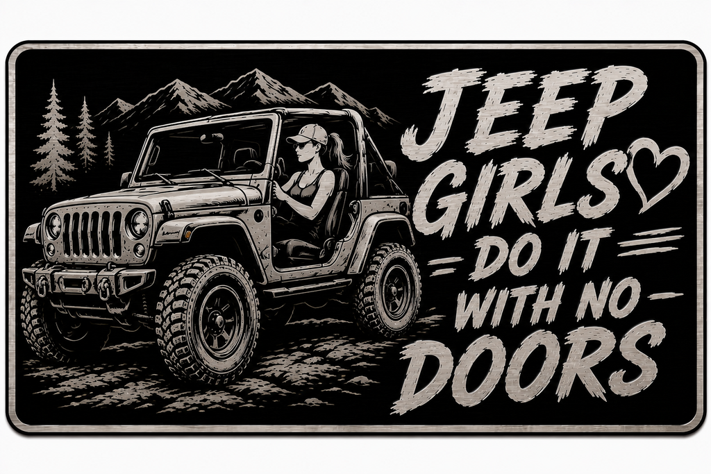 Gloss Black Aluminum Car Tag Laser Engraved "Girls Do It With No Doors"