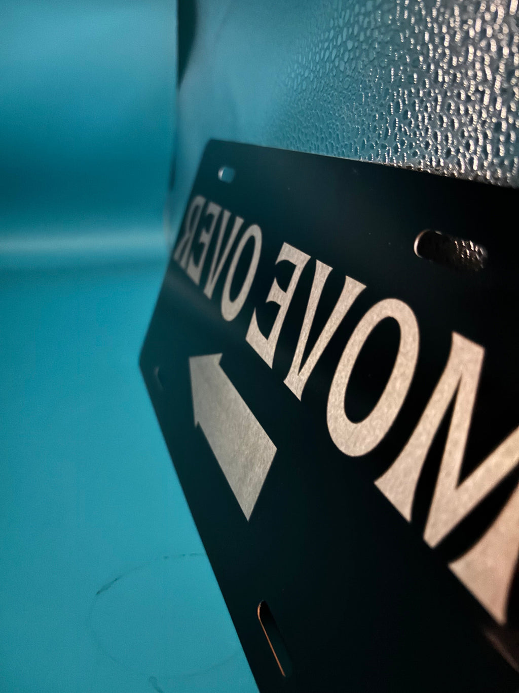 Gloss Black Aluminum Car Tag Laser Engraved  Reverse Letters "MOVE OVER"