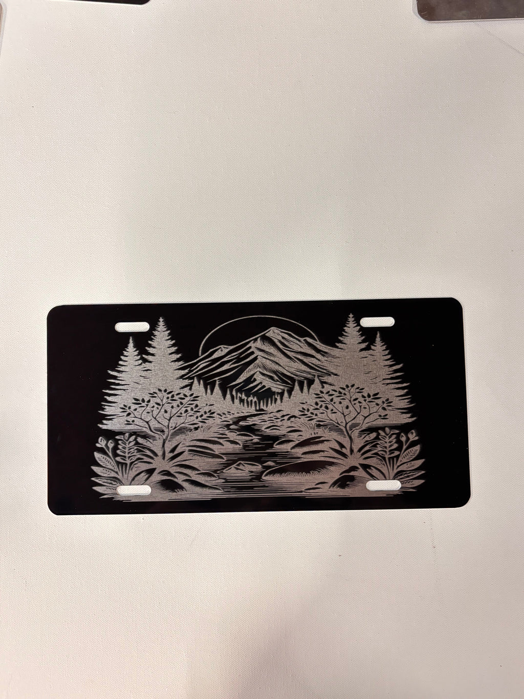 Gloss Black Aluminum Car Tag Laser Engraved  Mountain