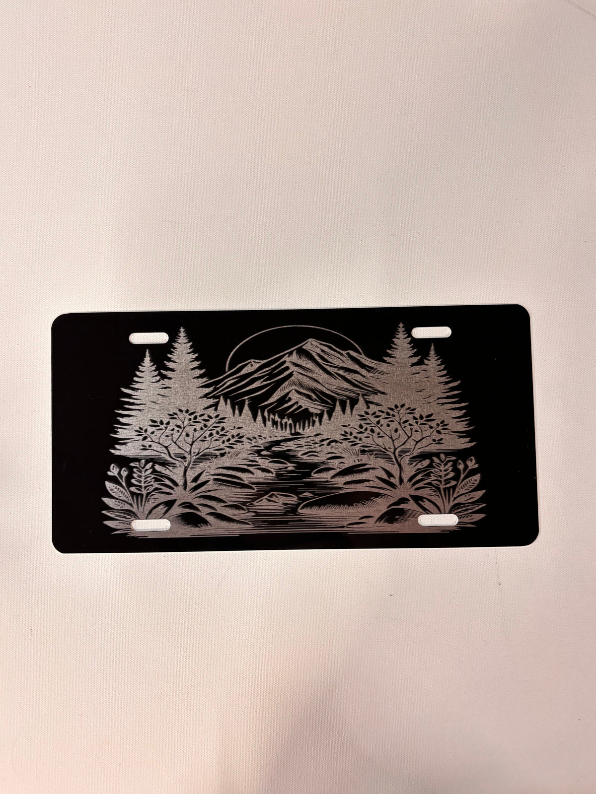 Gloss Black Aluminum Car Tag Laser Engraved  Mountain