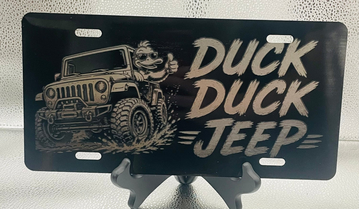 Gloss Black Aluminum Car Tag Laser Engraved "Duck Duck"
