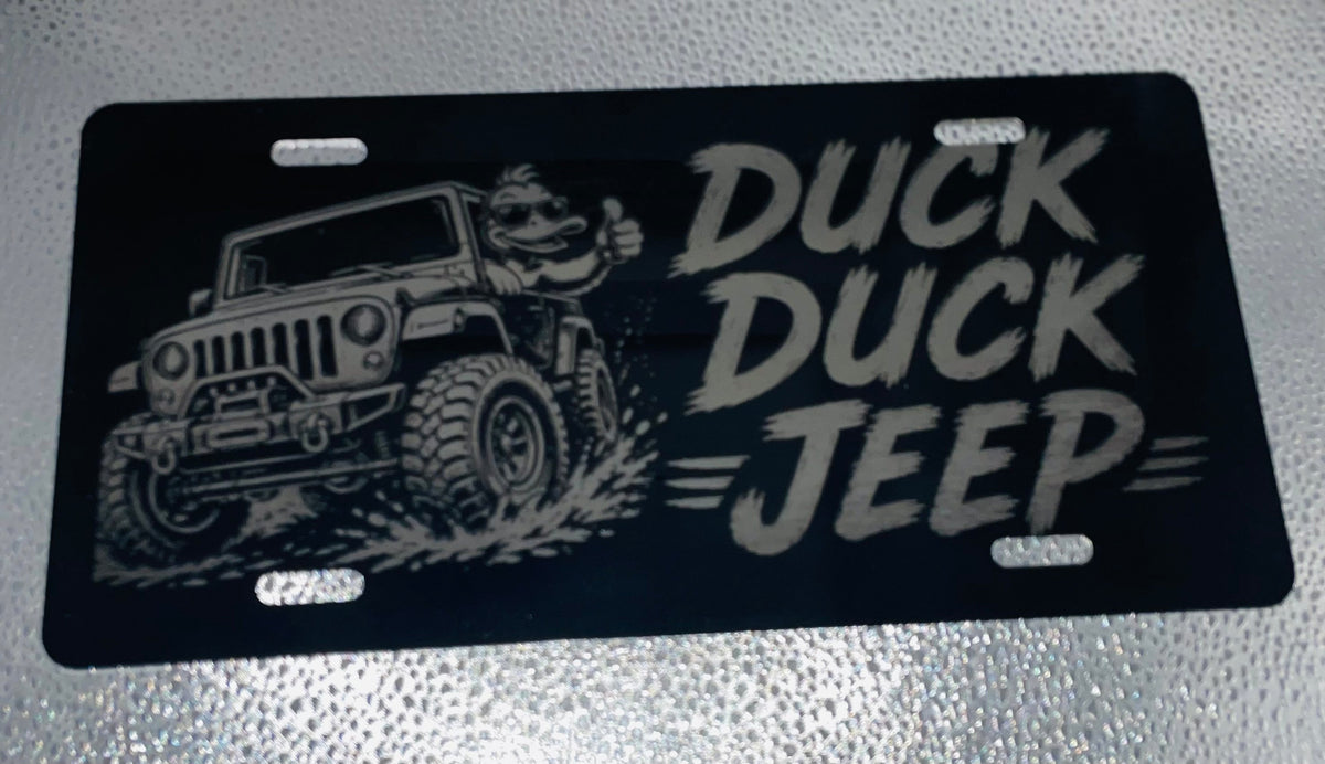 Gloss Black Aluminum Car Tag Laser Engraved "Duck Duck"