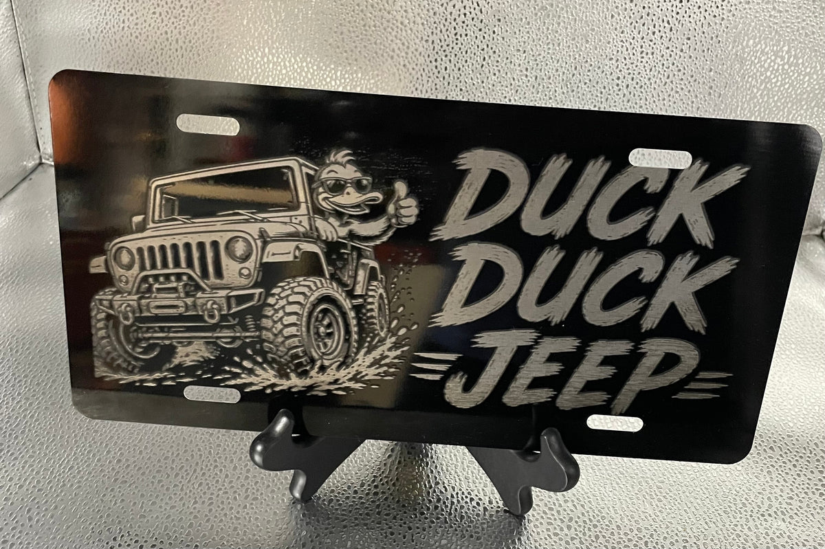 Gloss Black Aluminum Car Tag Laser Engraved "Duck Duck"