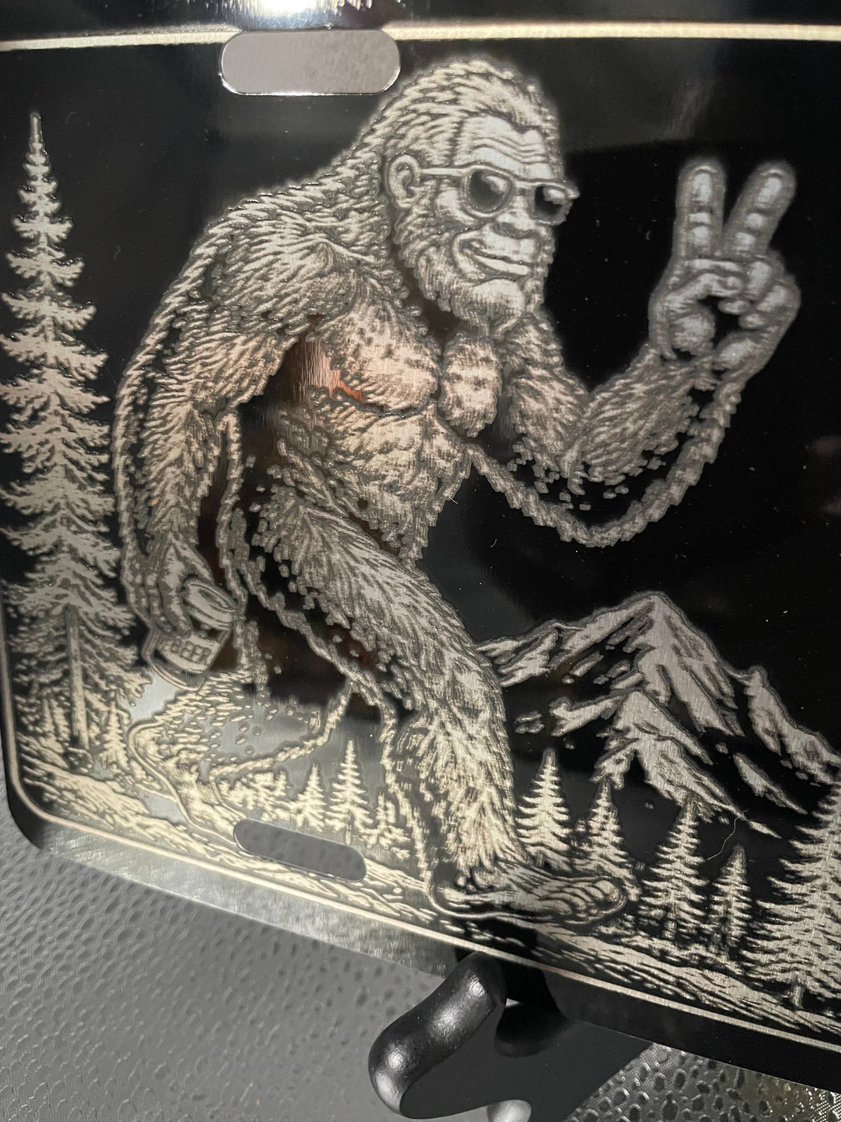Gloss Black Aluminum Car Tag Laser Engraved Big Foot