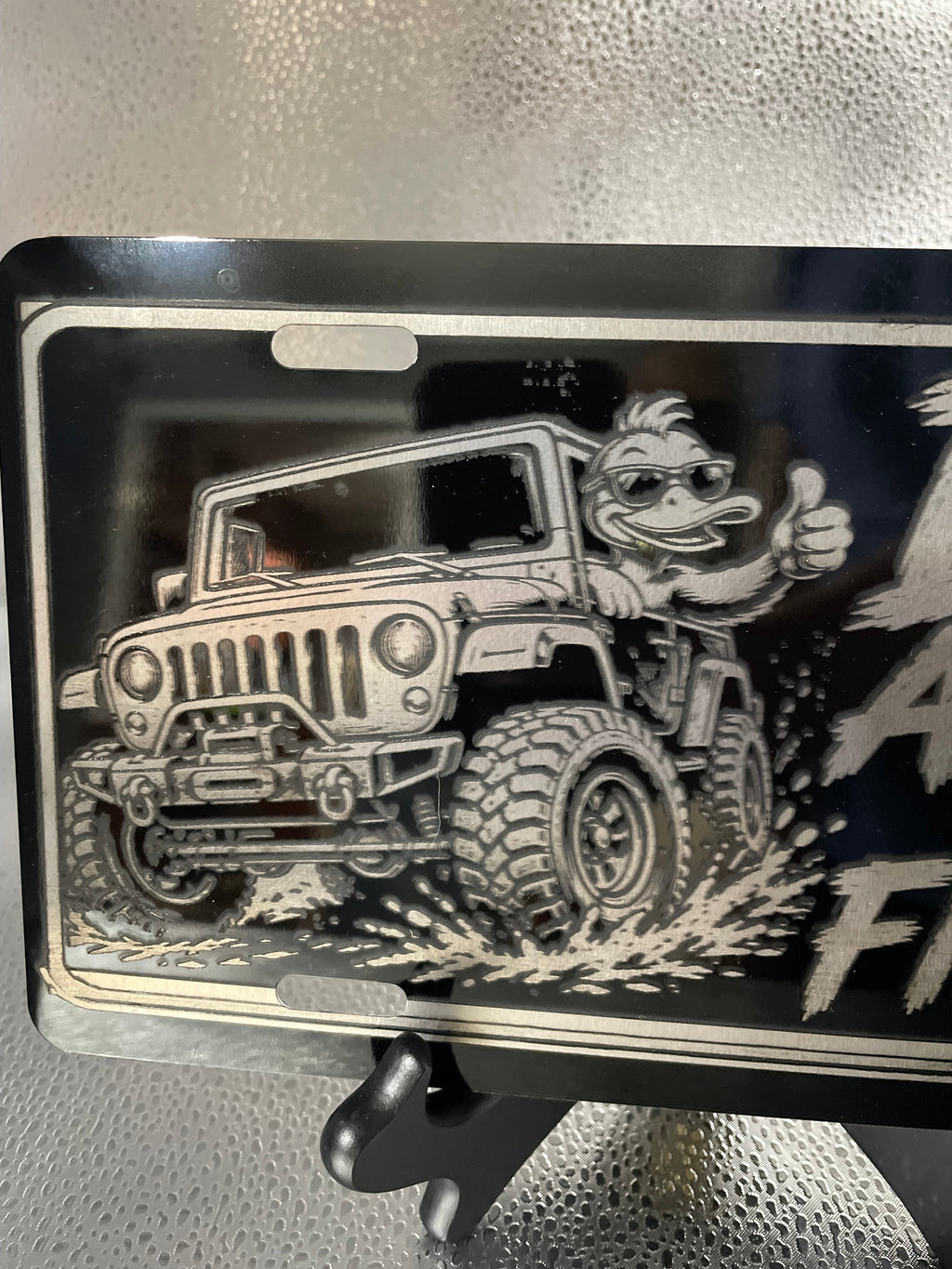 Gloss Black Aluminum Car Tag Laser Engraved "Duck Around and Find Out"