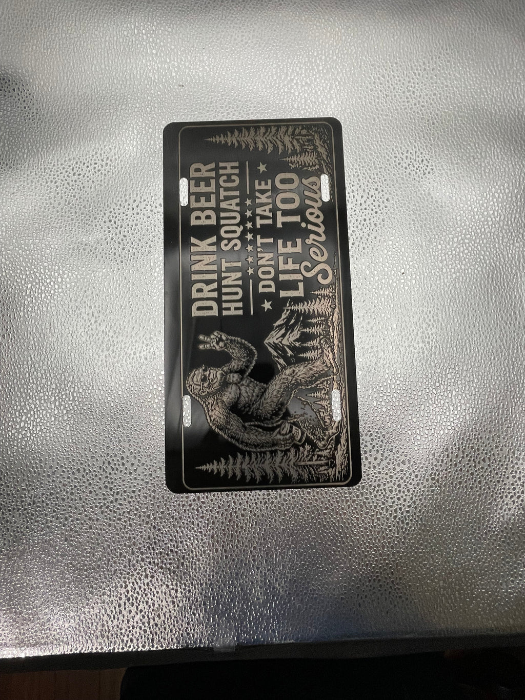 Gloss Black Aluminum Car Tag Laser Engraved Big Foot