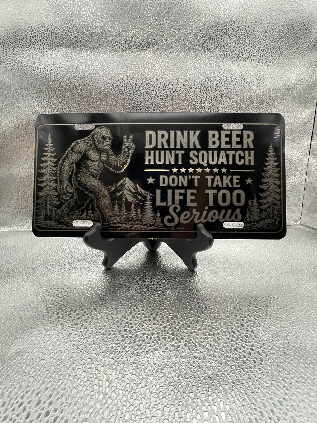 Gloss Black Aluminum Car Tag Laser Engraved Big Foot