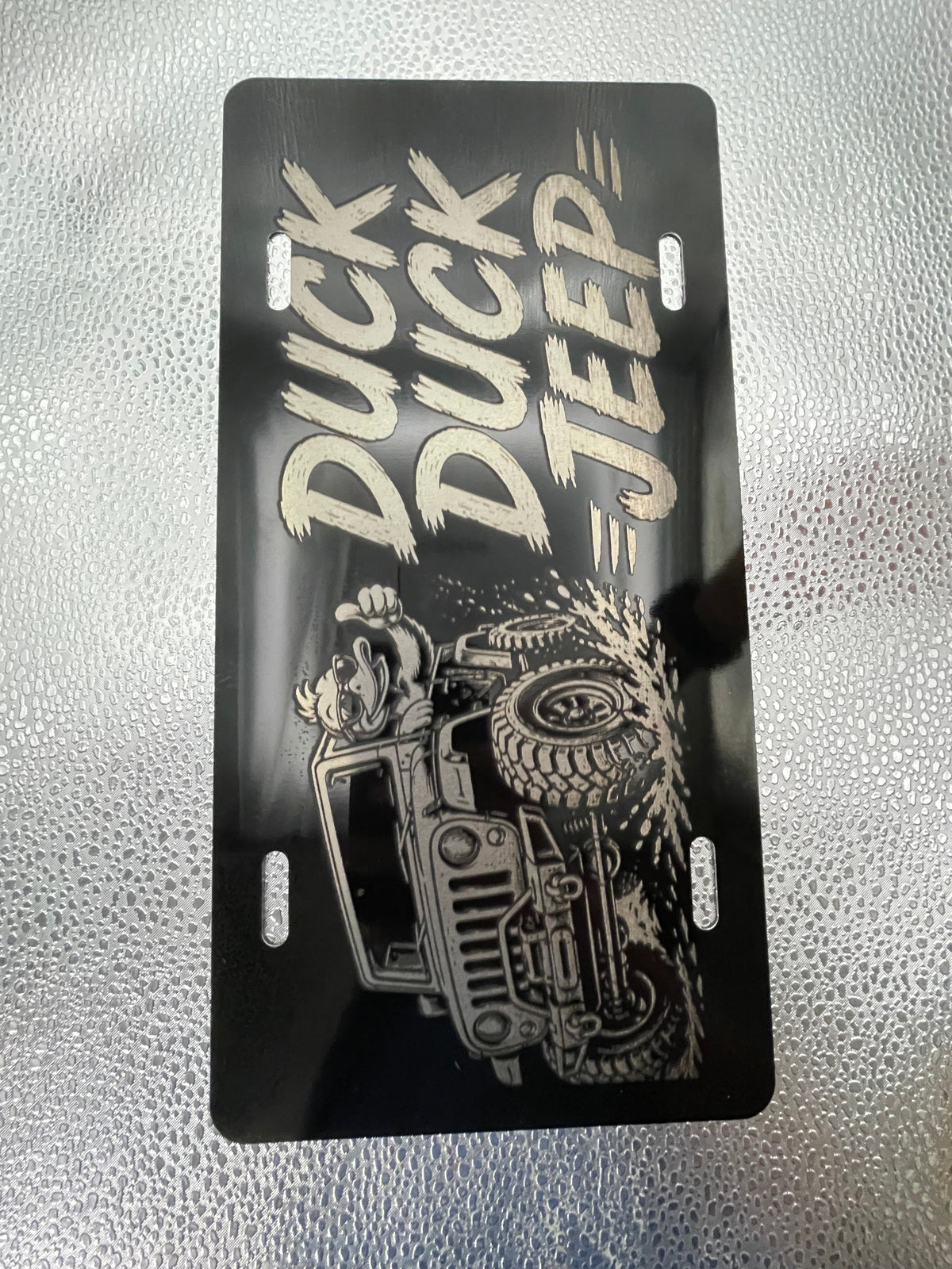Gloss Black Aluminum Car Tag Laser Engraved "Duck Duck"