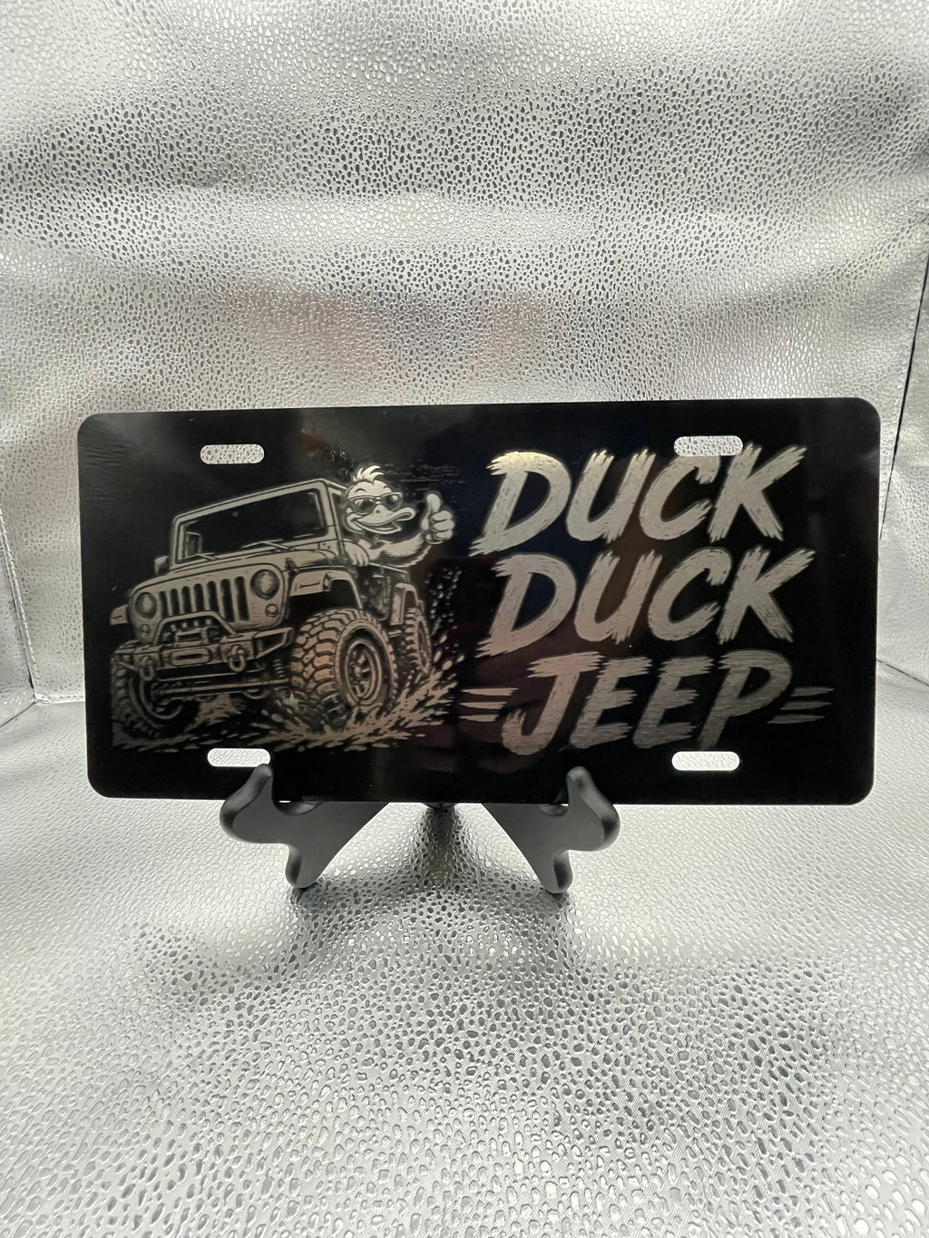 Gloss Black Aluminum Car Tag Laser Engraved "Duck Duck"