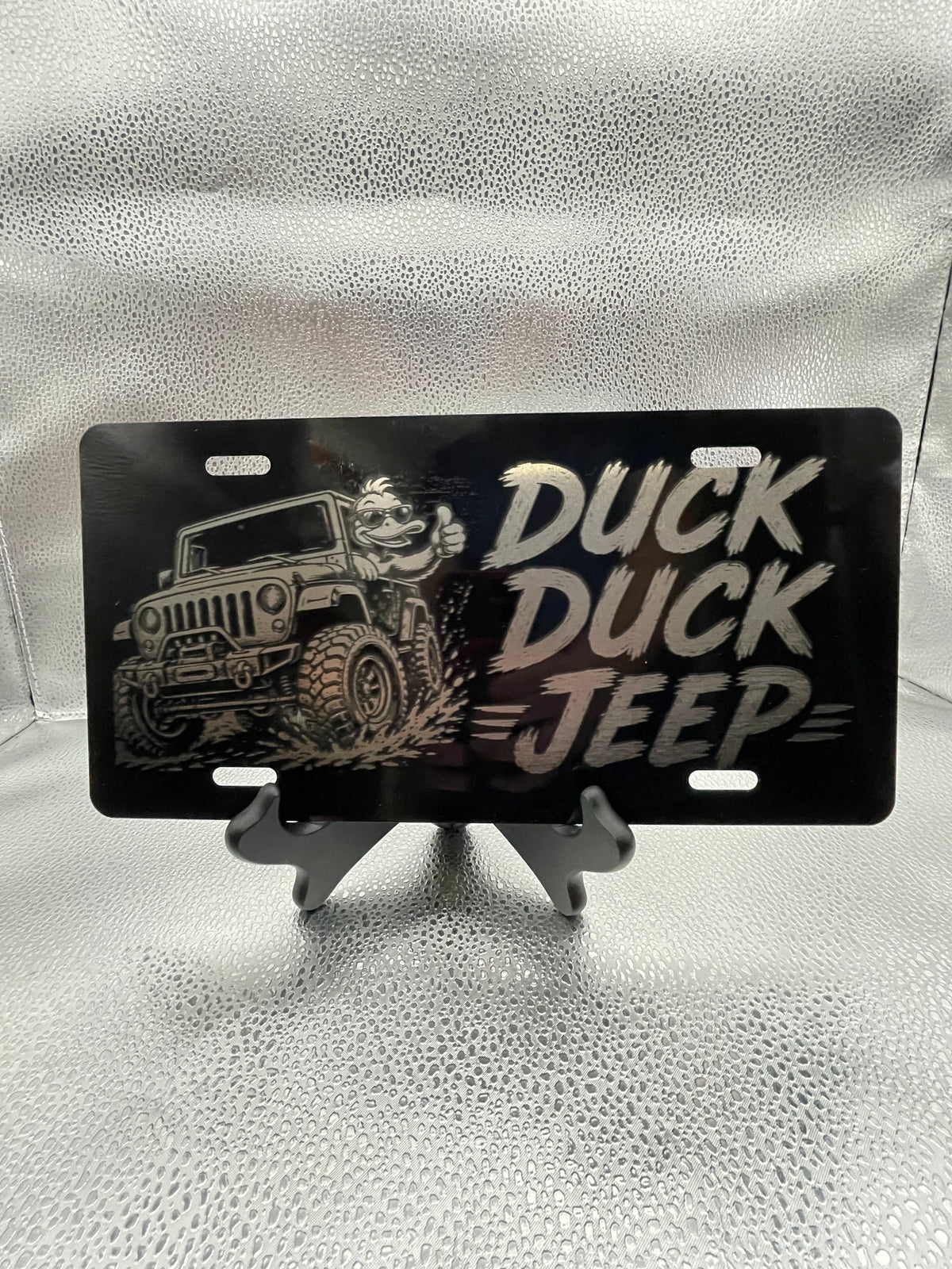 Gloss Black Aluminum Car Tag Laser Engraved "Duck Duck"