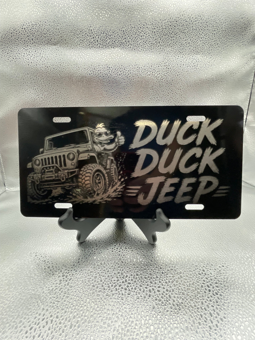 Gloss Black Aluminum Car Tag Laser Engraved "Duck Duck"