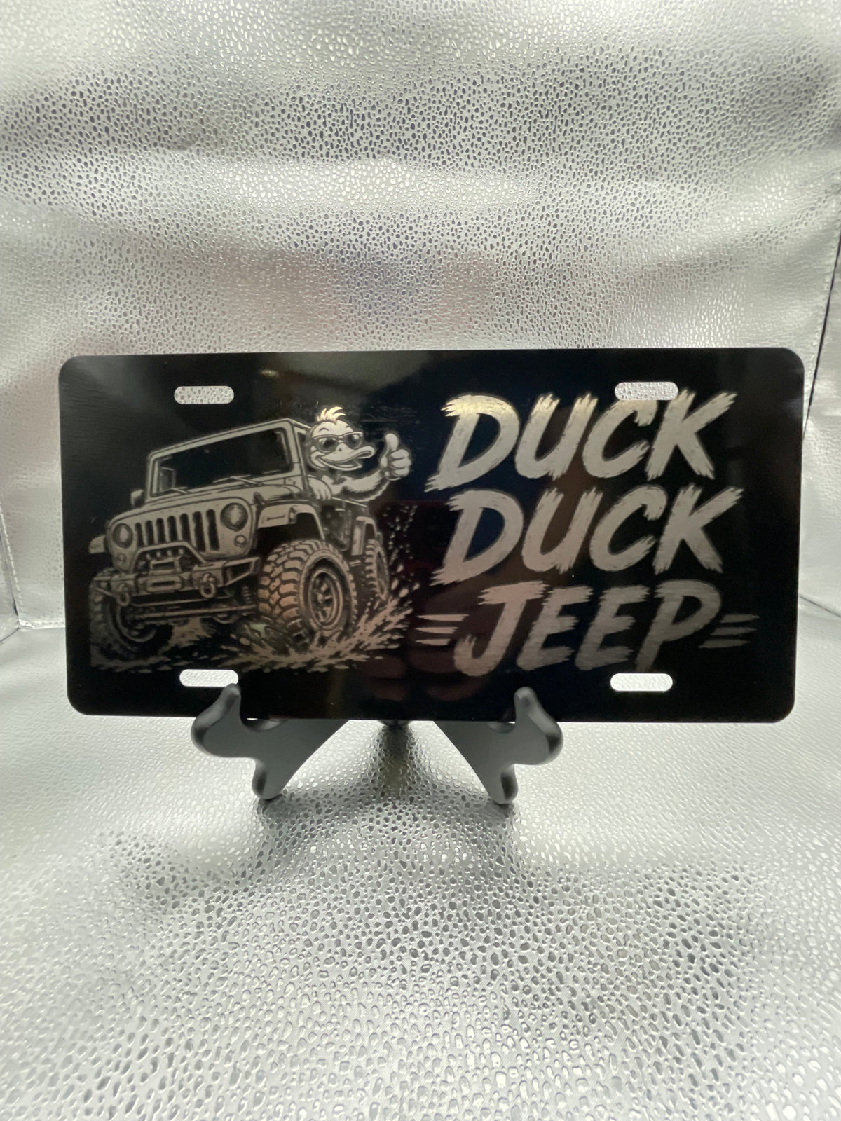 Gloss Black Aluminum Car Tag Laser Engraved "Duck Duck"