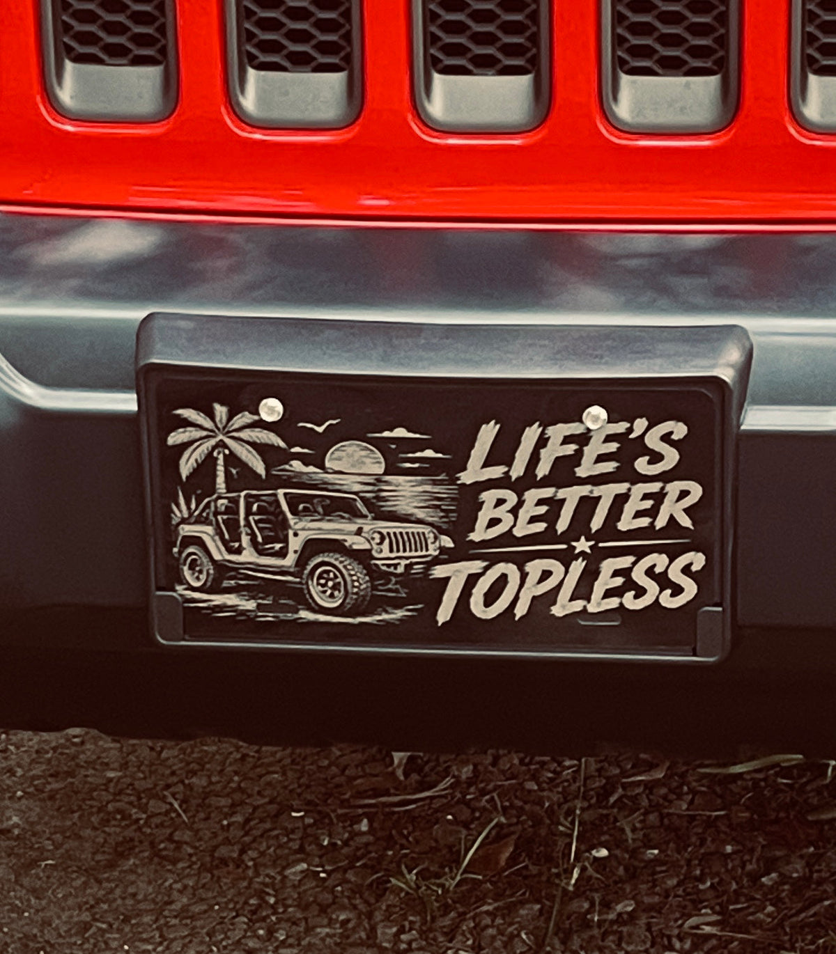 Gloss Black Aluminum Car Tag Laser Engraved "Life's Better Topless"