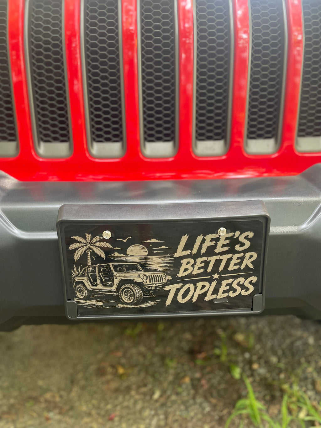 Gloss Black Aluminum Car Tag Laser Engraved "Life's Better Topless"