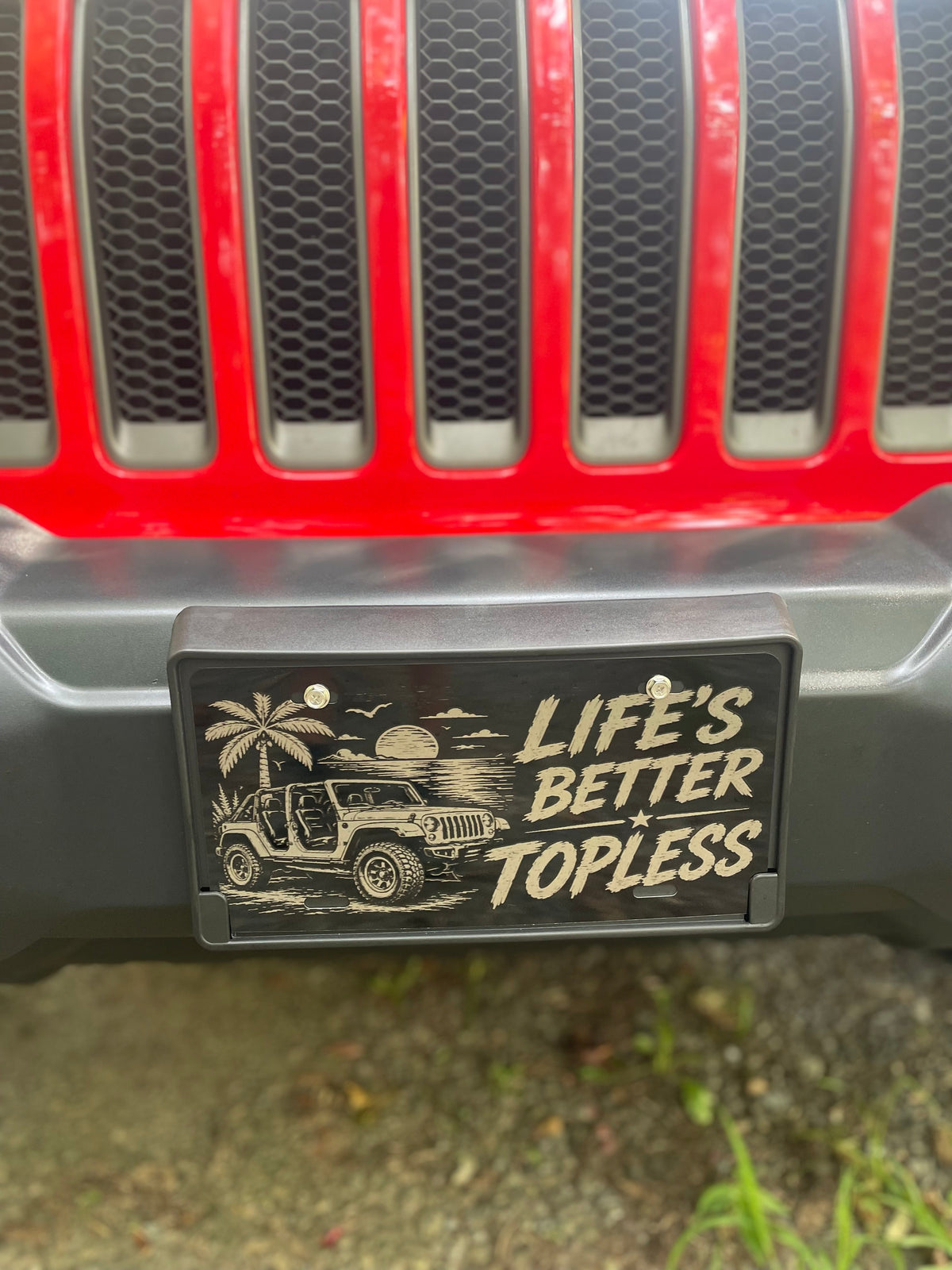 Gloss Black Aluminum Car Tag Laser Engraved "Life's Better Topless"