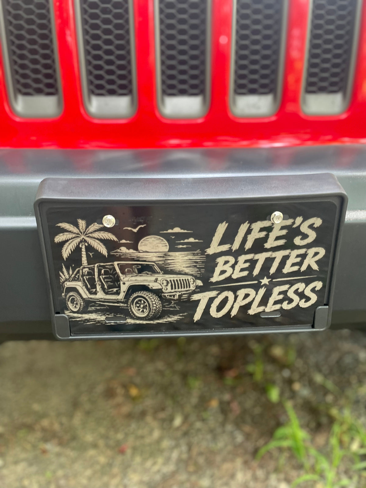 Gloss Black Aluminum Car Tag Laser Engraved "Life's Better Topless"