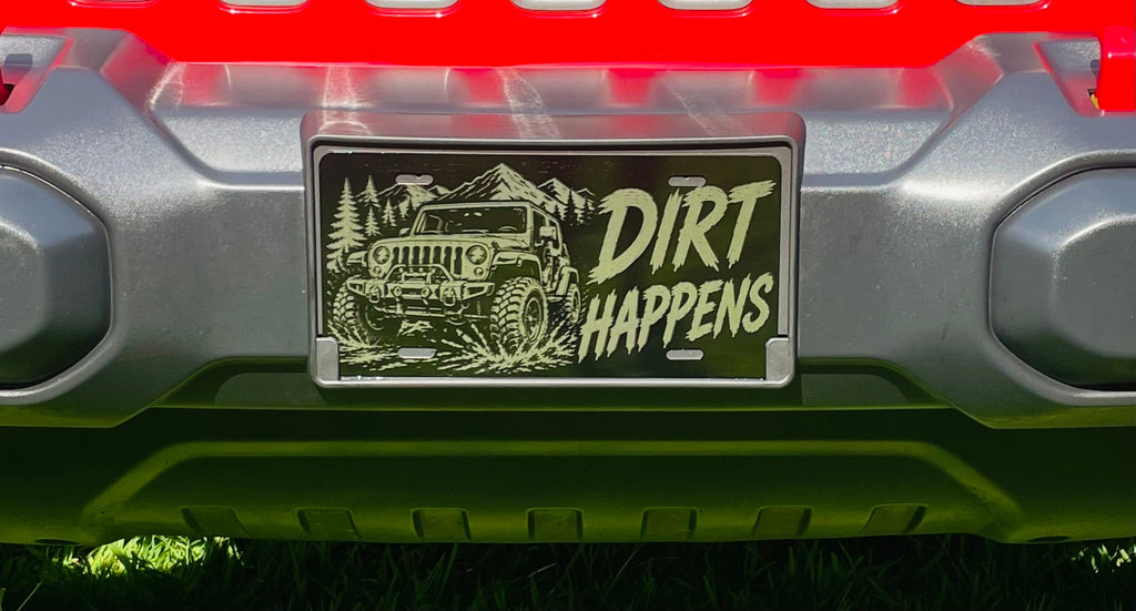Gloss Black Aluminum Car Tag Laser Engraved "Dirt Happens"