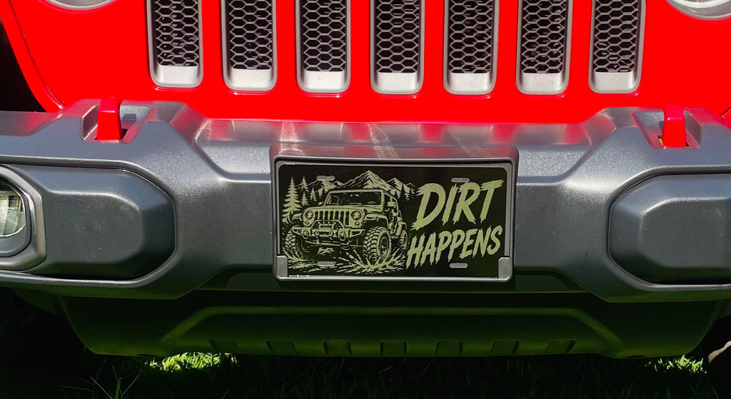 Gloss Black Aluminum Car Tag Laser Engraved "Dirt Happens"
