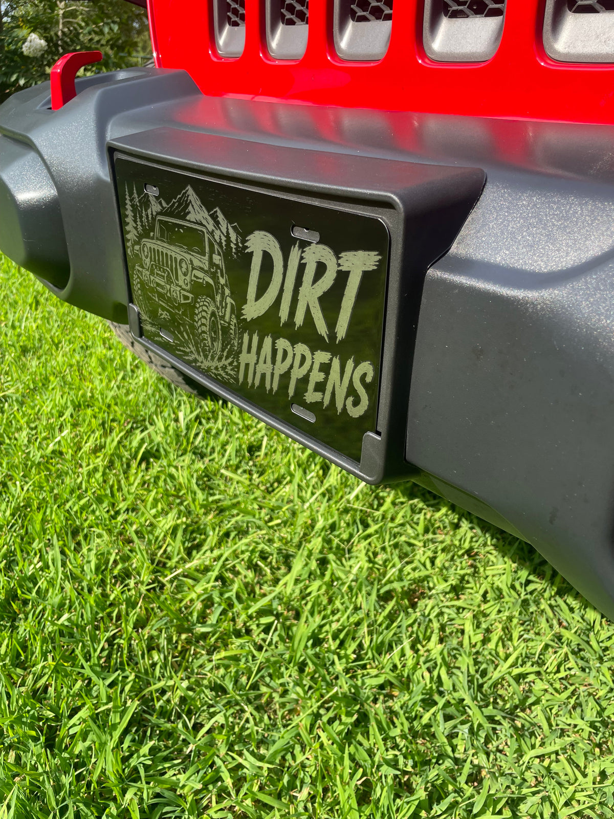 Gloss Black Aluminum Car Tag Laser Engraved "Dirt Happens"