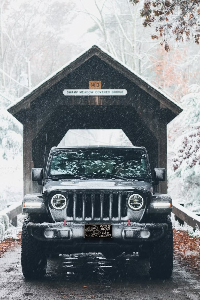 Gloss Black Aluminum Car Tag Laser Engraved "Fueled By Mud & Bad Decisions"